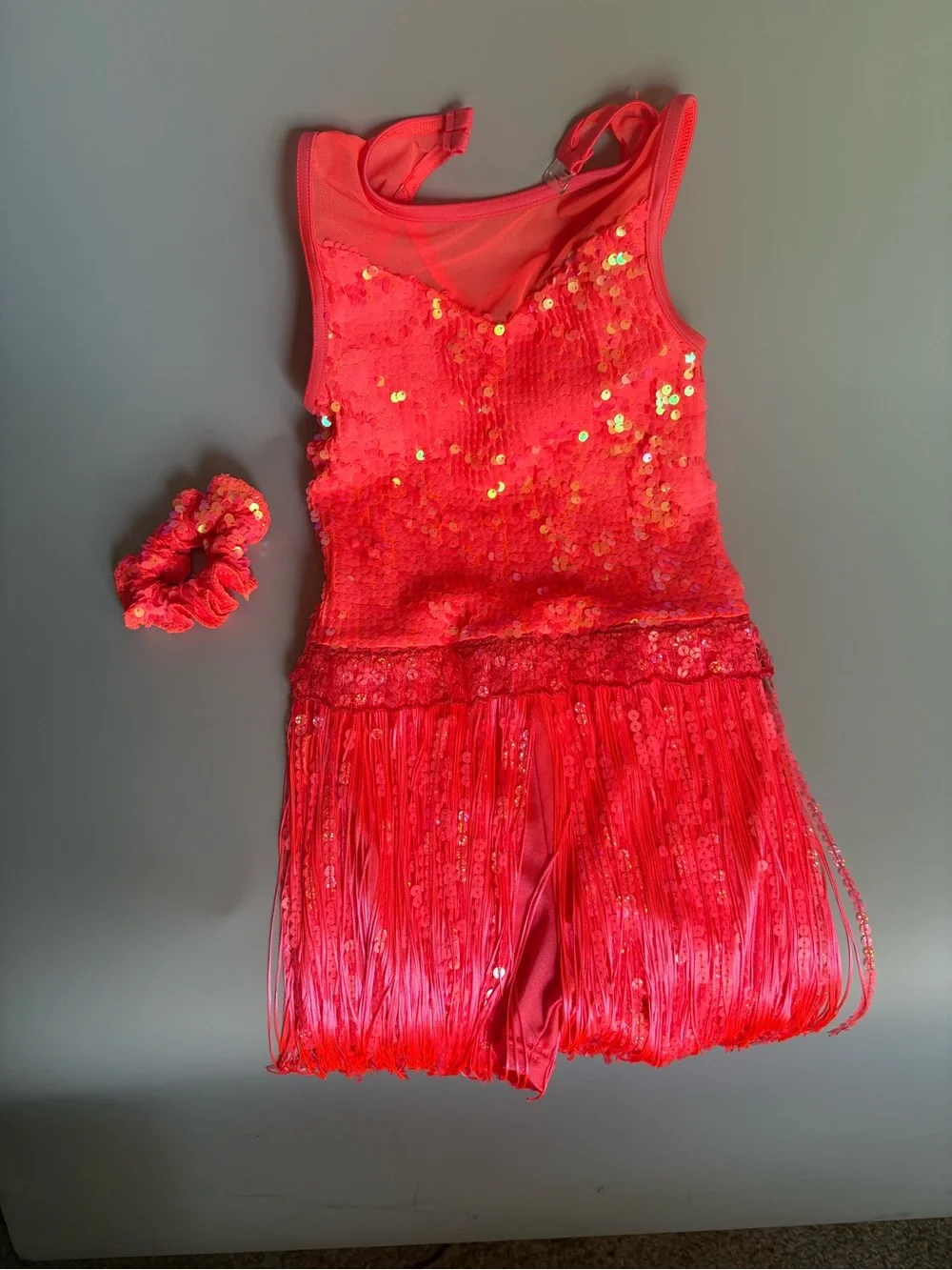 Weissman Hot Pink Red Sequin Fringe Dance Costume with Scrunchie